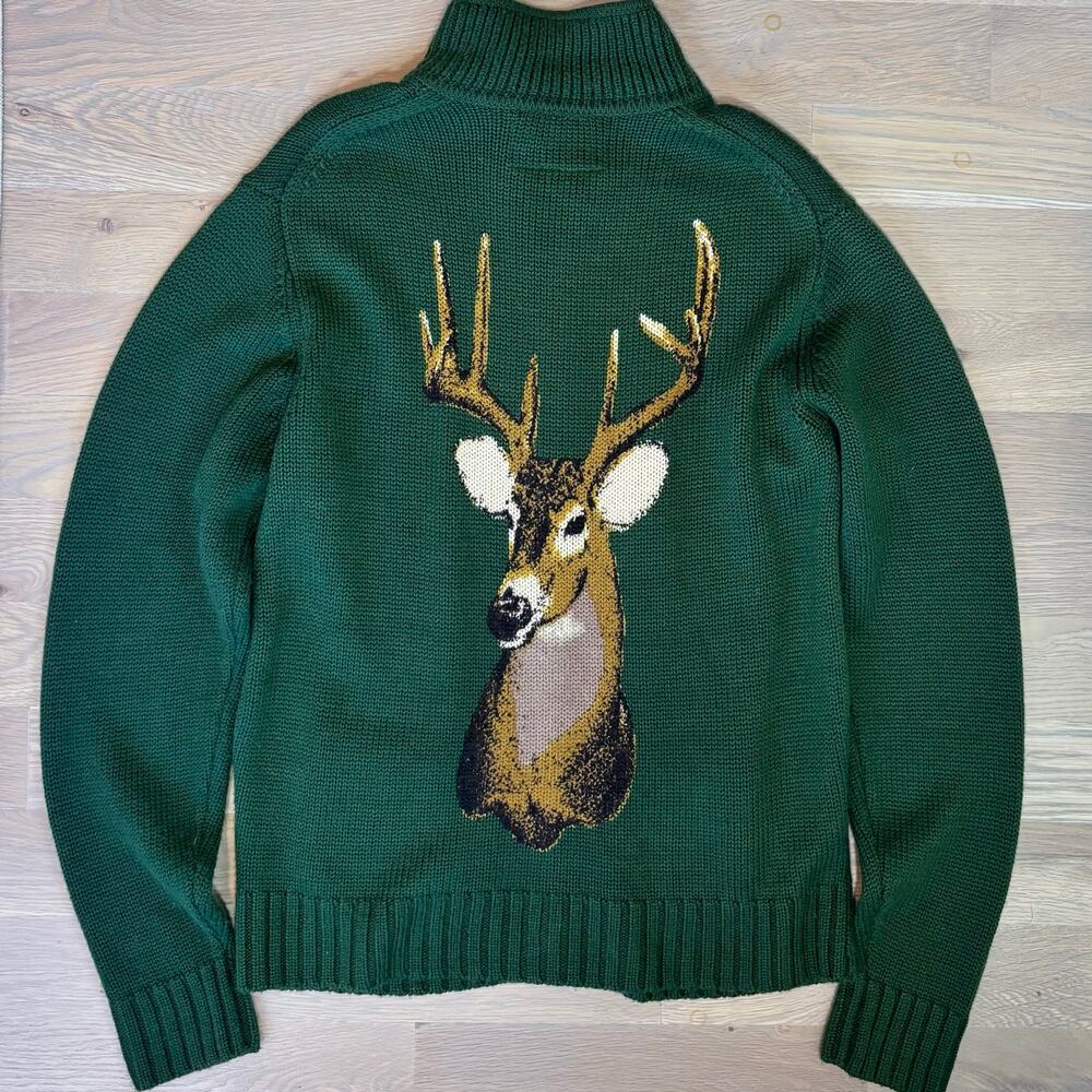 Toddland Deer Buck Ram Cowichan Style Zip Cardigan Wool Blend Green Men Large